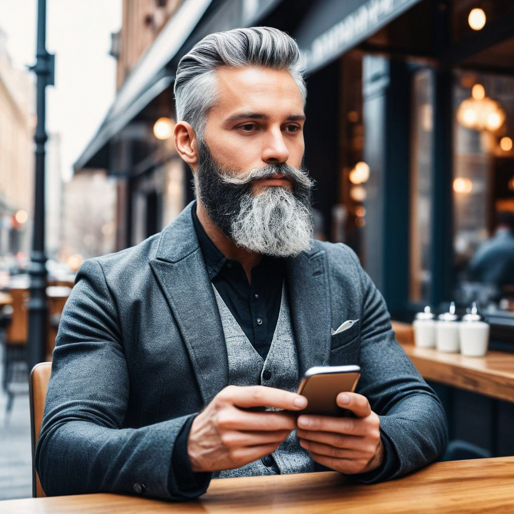 Mature Man with Gray Beard at Outdoor Cafe