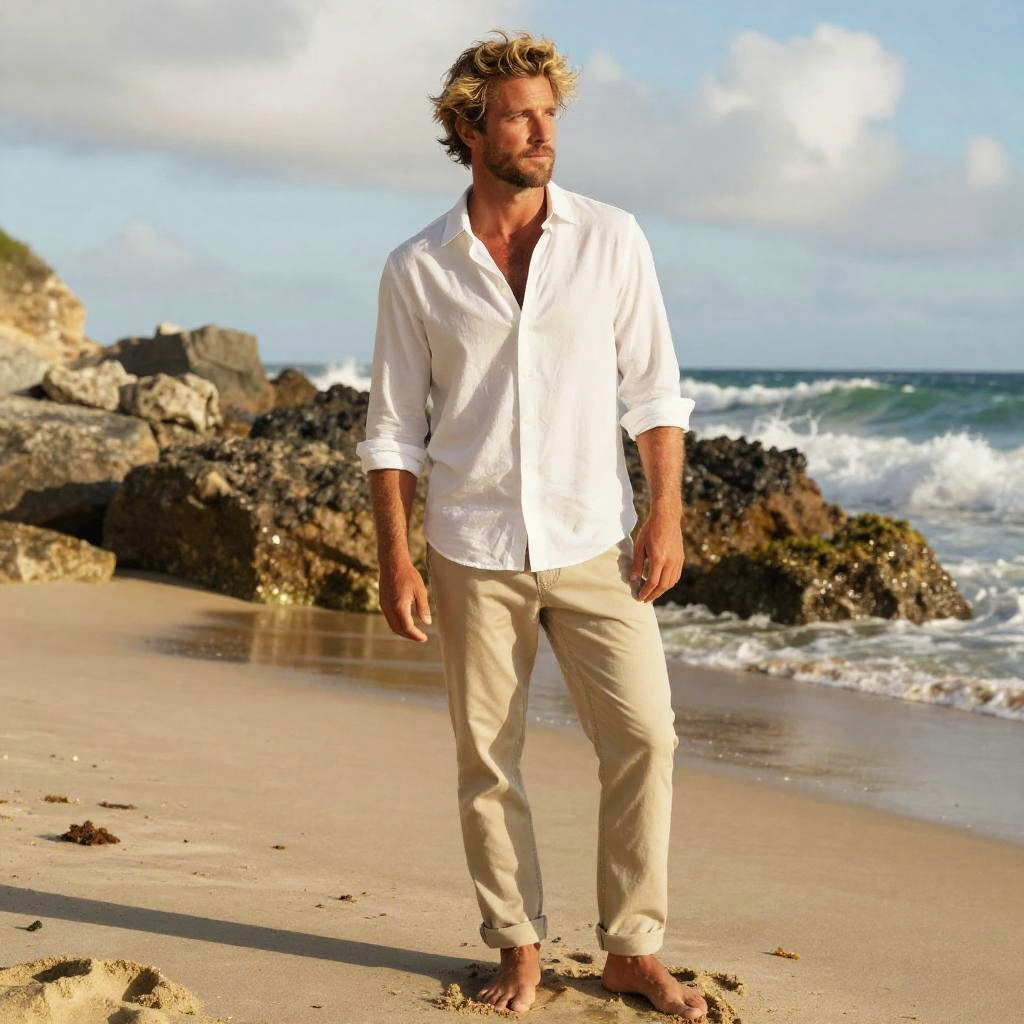 Casual Man in White Shirt Walking on Rocky Beach at Sunset