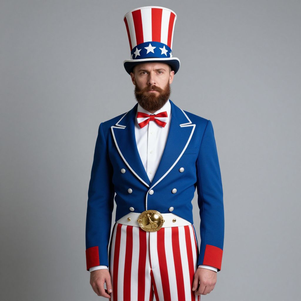 Man in Classic Uncle Sam Costume with Patriotic Hat and Striped Pants