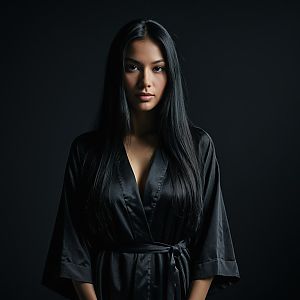 Elegant Woman in Black Satin Robe Portrait on Dark Background