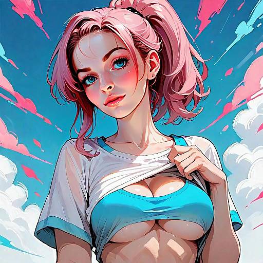 Anime Style Pink-Haired Woman in Blue Sports Bra Against Sky