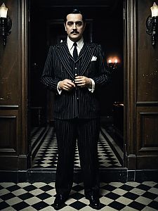 Man in Classic Gomez Addams Costume Full Body Cosplay in Dark Mansion