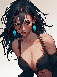 Stylized digital artwork of a confident woman with blue geometric earrings