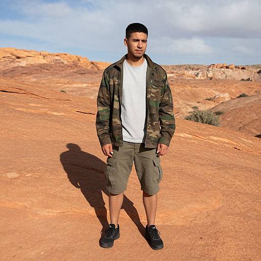 Young Man in Camouflage Jacket and Cargo Shorts in Desert Rock Landscape