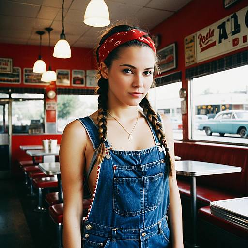 Young Woman in Denim Overalls at Retro American Diner