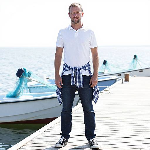 Casual Man Standing on Dock Near Boats Outdoors