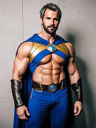 Muscular Man in Blue and Gold Fantasy Superhero Costume Cosplay