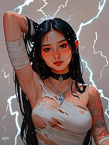 Striking Young Woman with Electric Bolts - Anime Style