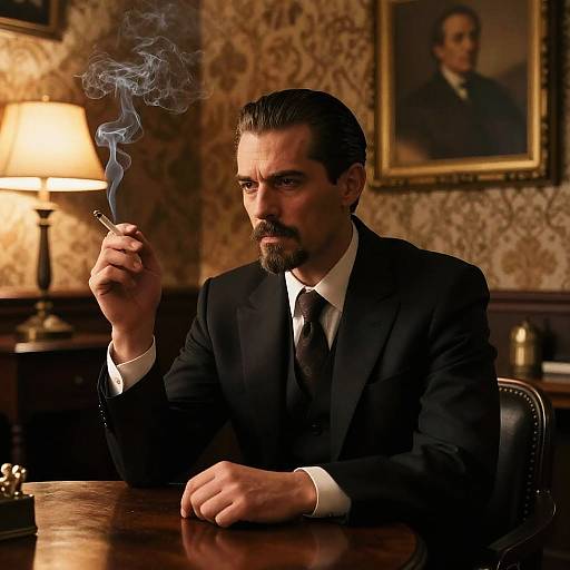 Man in Classic Black Suit Smoking in Vintage Room