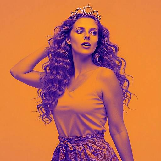 Young Woman Wearing Tiara and Stylish Outfit with Wavy Hair on Solid Background