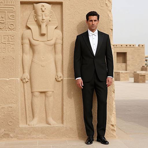 Man in Black Tuxedo Standing by Ancient Egyptian Stone Relief