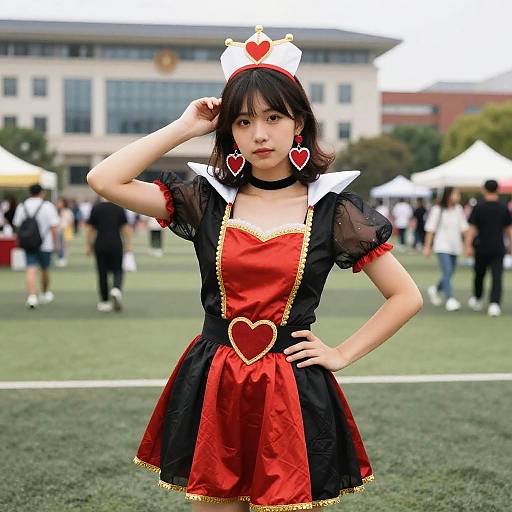 Young Woman in Queen of Hearts Costume at Outdoor Event