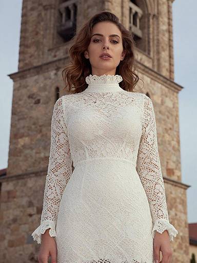 Petite Woman in Romantic White Lace Dress with High Neckline