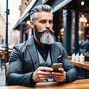 Mature Man with Gray Beard at Outdoor Cafe