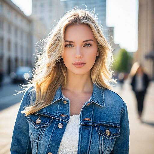 Blonde Woman in Denim Jacket on Urban Street