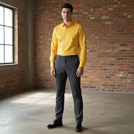 Man in Yellow Shirt and Gray Pants Standing in Industrial Brick Room