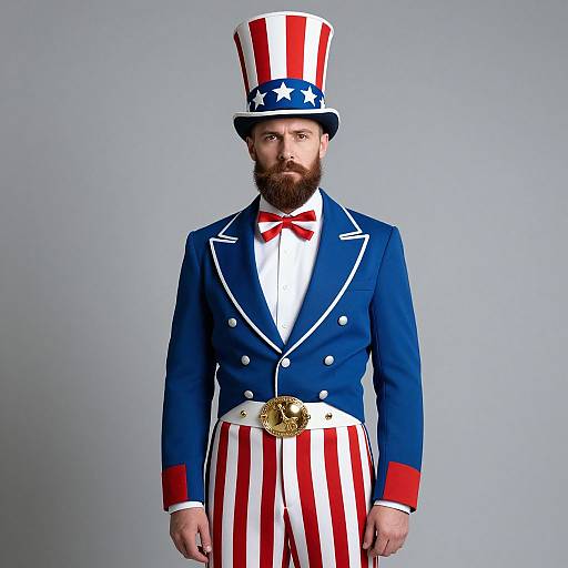 Man in Classic Uncle Sam Costume with Patriotic Hat and Striped Pants