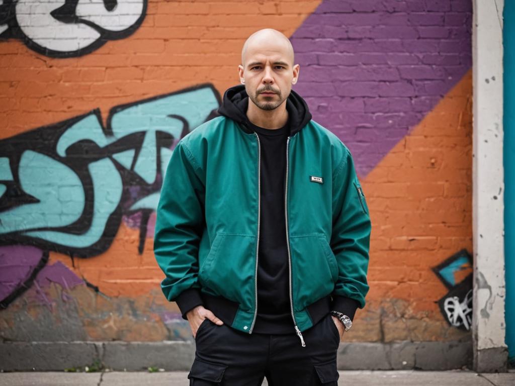 Confident Man in Green Jacket by Graffiti Wall