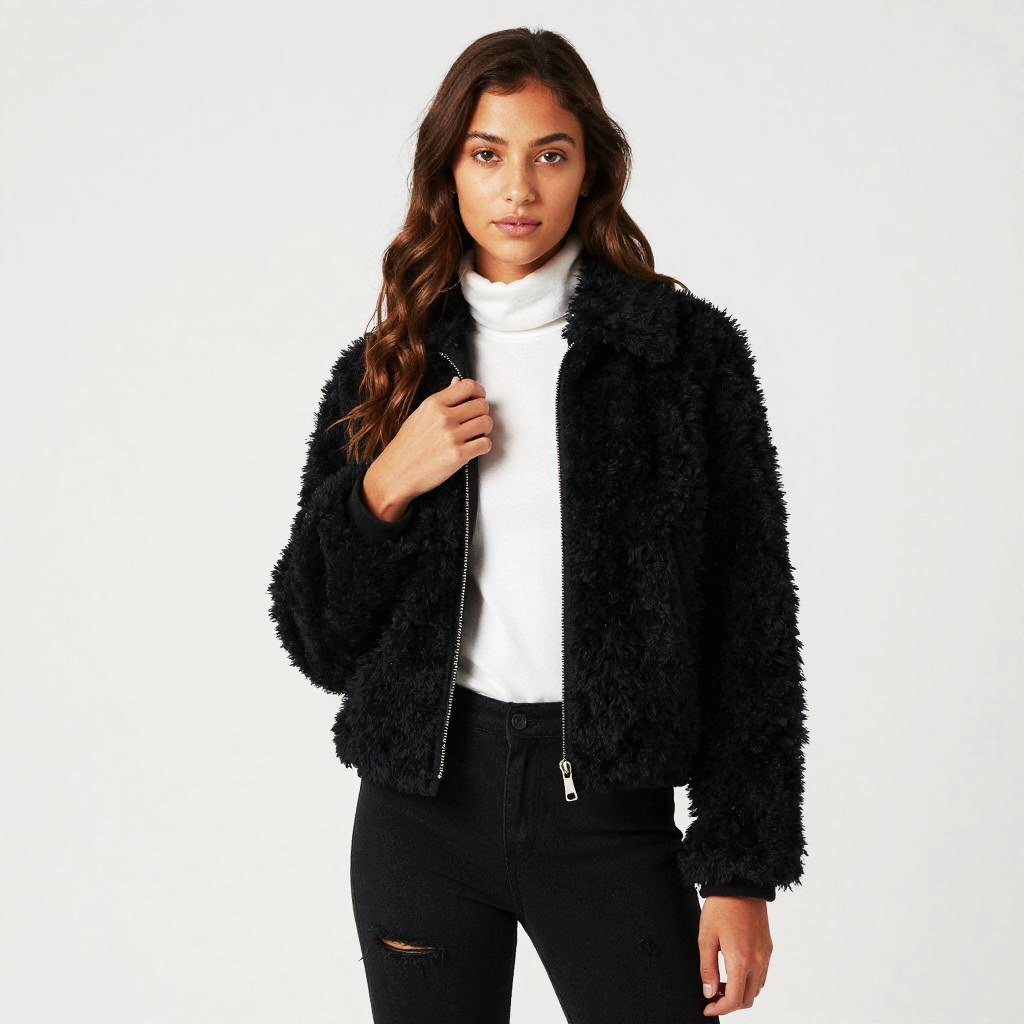 Gen Z Fashion Model Wearing Black Faux Fur Jacket with White Turtleneck