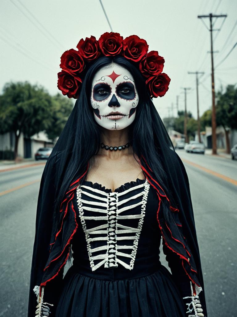Woman in La Muerte Costume with Sugar Skull Makeup and Red Rose Crown