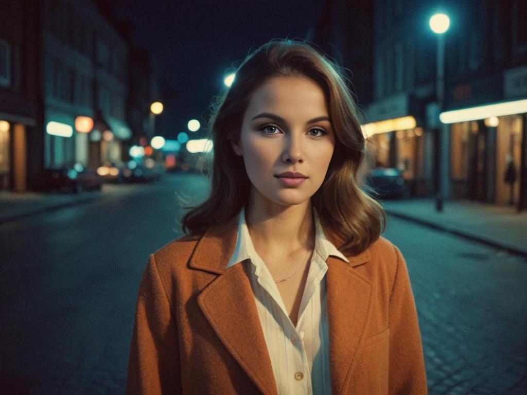 Serene Young Woman in Timeless Street Fashion at Dusk