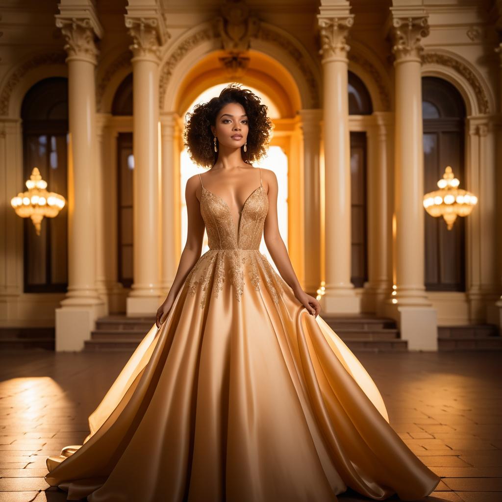 Elegant Woman in Golden Dress at Grand Venue