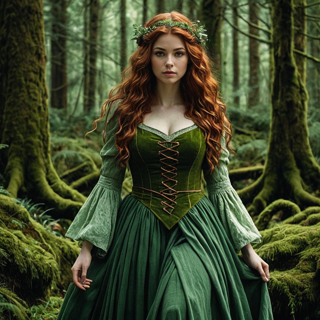 Red-Haired Woman in Medieval Green Dress Forest Portrait