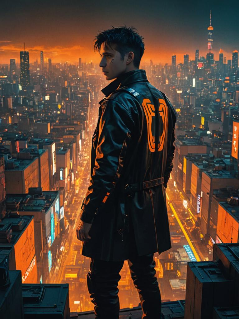 Intense Gaze in a Cyberpunk Cityscape