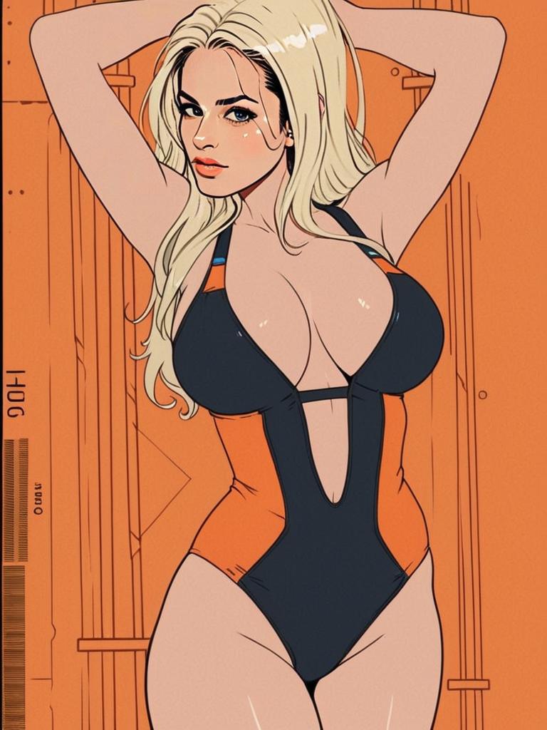Stylized Digital Illustration of Blonde Woman in Black and Orange Swimsuit
