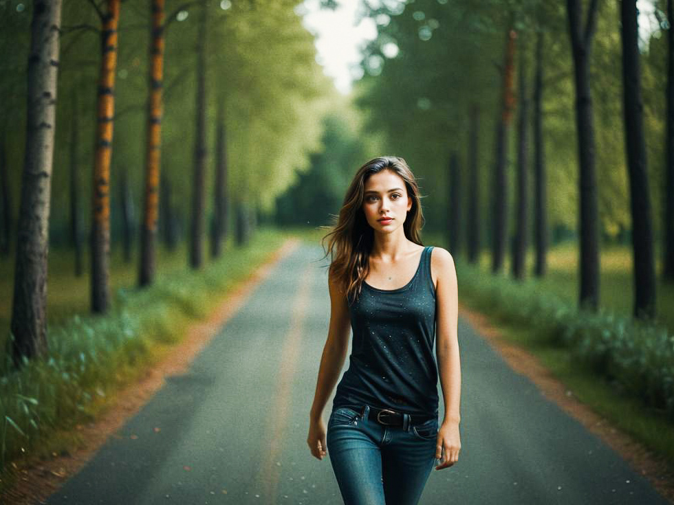 Young Woman Walking on Serene Tree-Lined Road