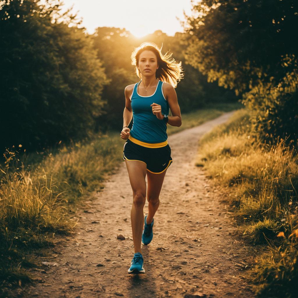 Woman Running on Scenic Dirt Trail in Blue Athletic Wear