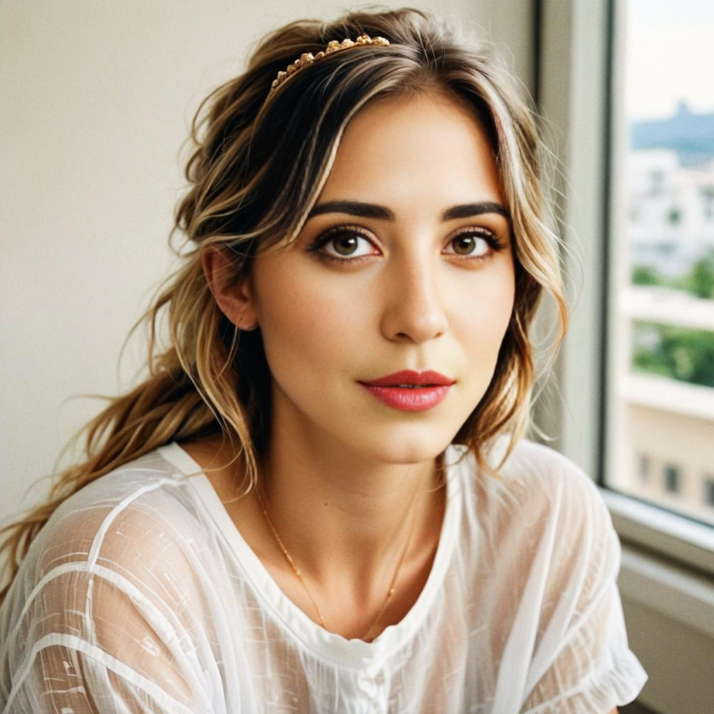 Elegant Woman by Window with Natural Makeup