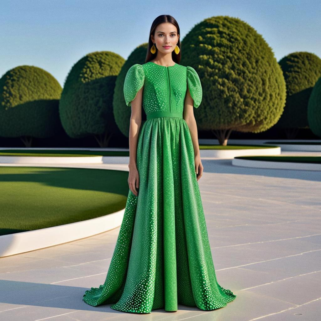 Woman in Green Gown Amidst Lush Landscape