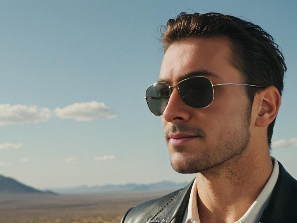 Stylish man in aviator sunglasses against a blurred landscape