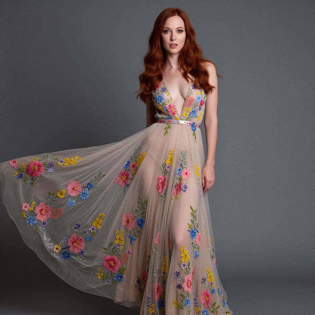 Red-Haired Woman Wearing Floral Embroidered Sheer Gown