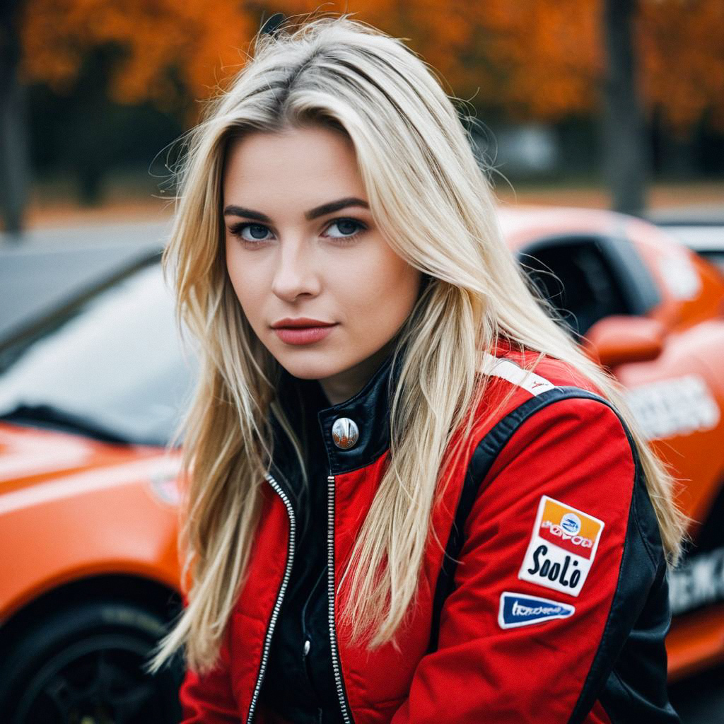 Confident Woman in Racing Jacket by Sports Car Confident Woman in Racing Jacket by Sports Car
