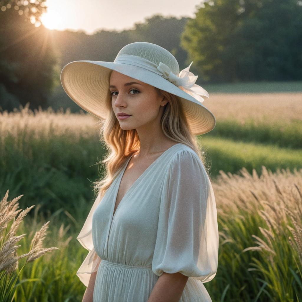 Woman in White Dress in Sunlit Field