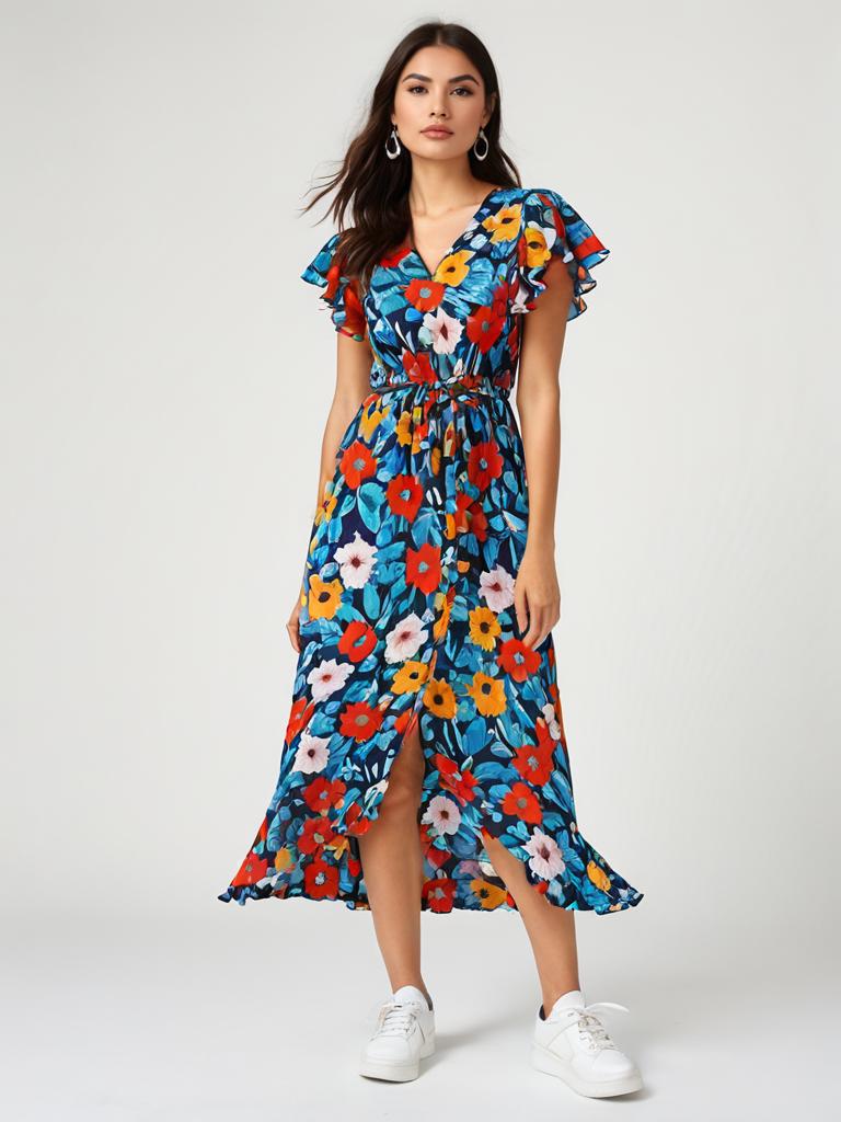 Vibrant Multicolor Floral Print Midi Dress with Flutter Sleeves for Women