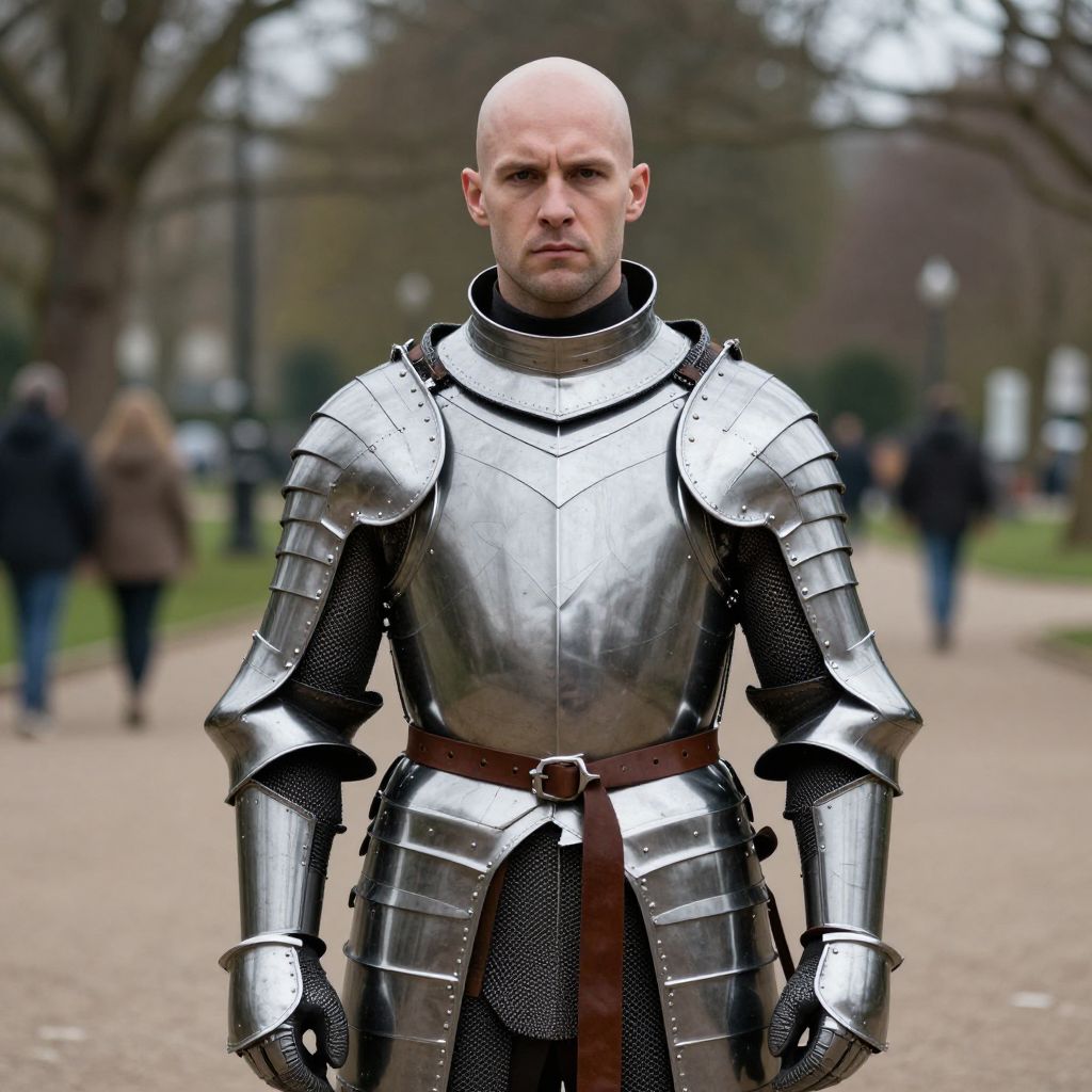 Man Wearing Full Medieval Plate Armor Standing Outdoor