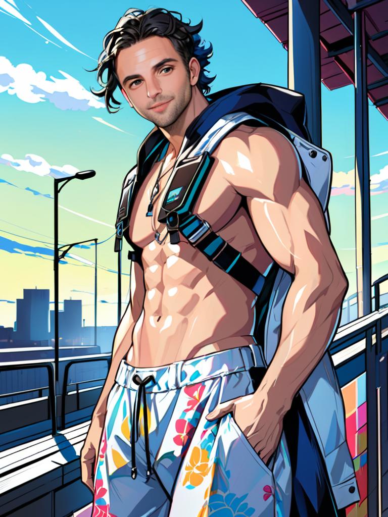 Anime-style muscular man in swimwear under blue sky