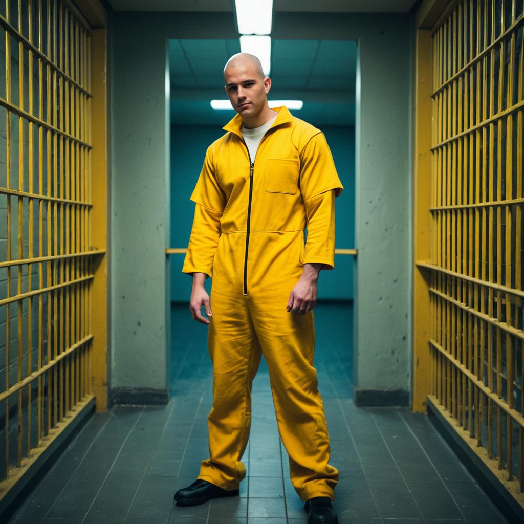 Man in Yellow Prison Uniform Standing in Jail Corridor