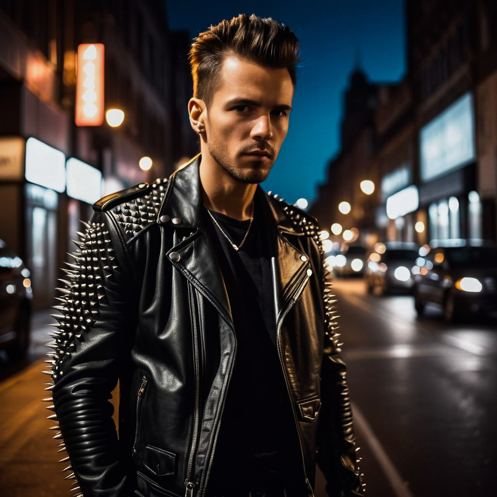 Confident Man in Leather Jacket on City Street at Night