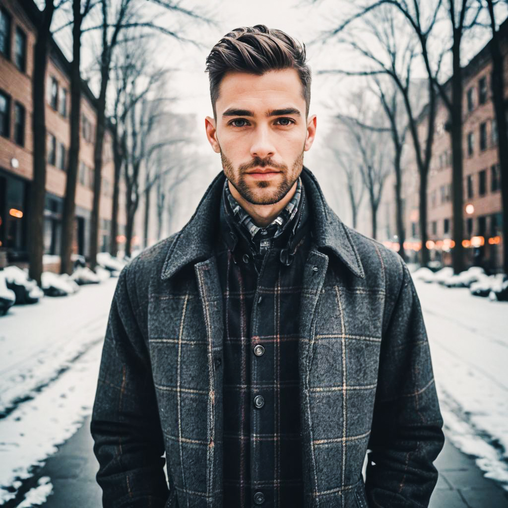 Stylish Man in Plaid Coat in Winter Urban Scene