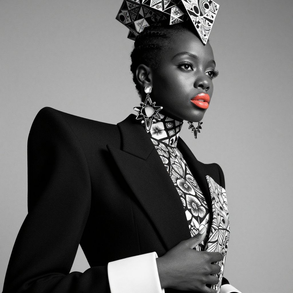 Avant-Garde Woman in Bold Structured Jacket and Artistic Headpiece