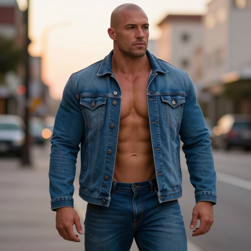Muscular Man in Denim Jacket and Jeans Walking on Urban Street
