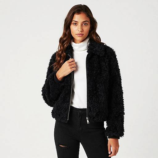 Gen Z Fashion Model Wearing Black Faux Fur Jacket with White Turtleneck