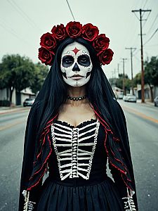 Woman in La Muerte Costume with Sugar Skull Makeup and Red Rose Crown