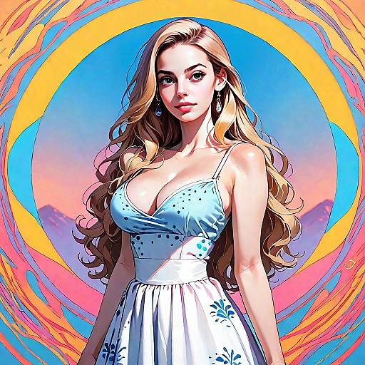 Digital Art of Blonde Woman in Blue Dress with Surreal Colorful Background