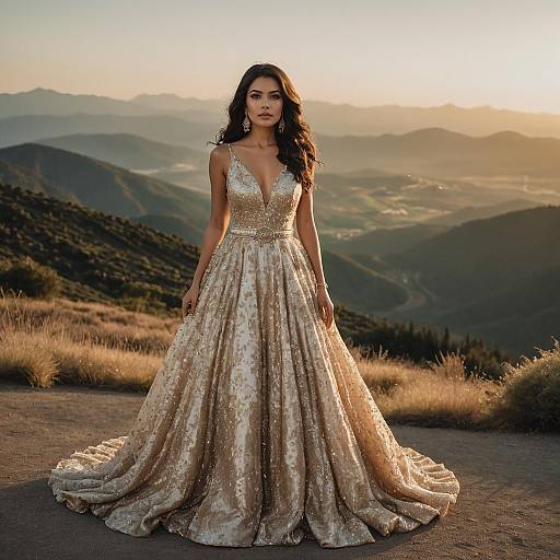 Elegant Woman in Gold Ball Gown Standing in Mountain Landscape at Sunset