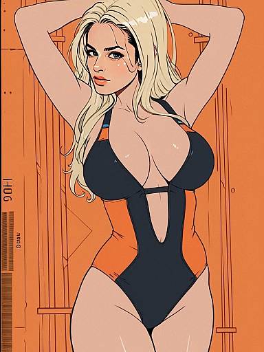 Stylized Digital Illustration of Blonde Woman in Black and Orange Swimsuit